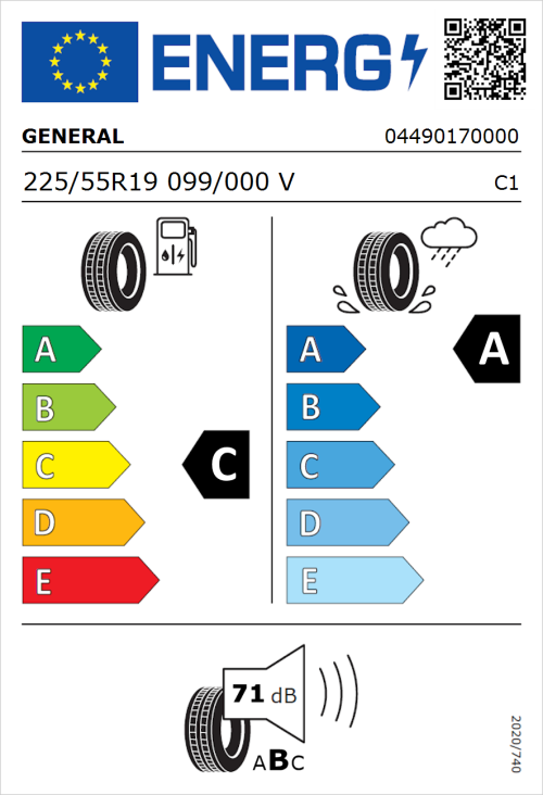 Tyre Label for General Grabber GT Plus 225/55R19 099/000V