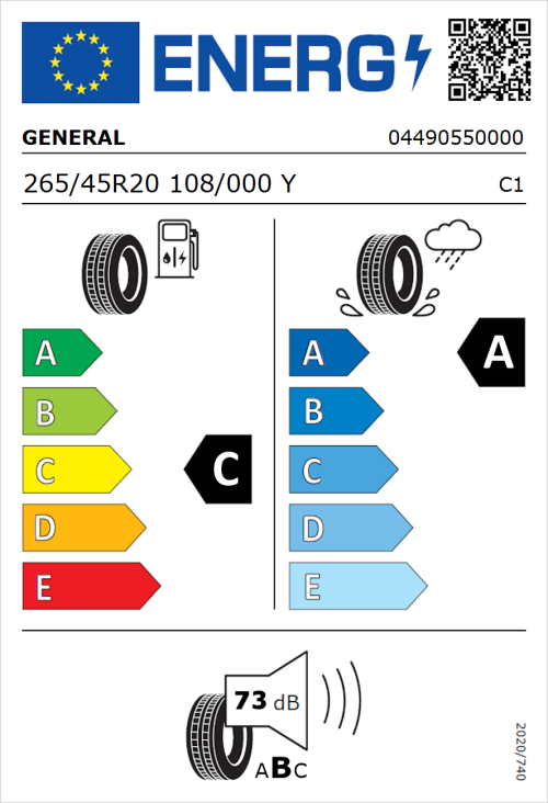 Tyre Label for General Grabber GT Plus 265/45R20 108/000Y