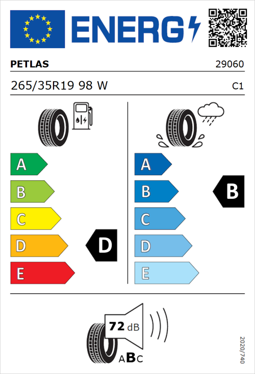 Tyre Label for Petlas Velox Sport PT741 265/35R19 98W