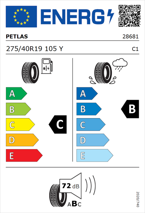 Tyre Label for Petlas Velox Sport PT741 275/40R19 105Y